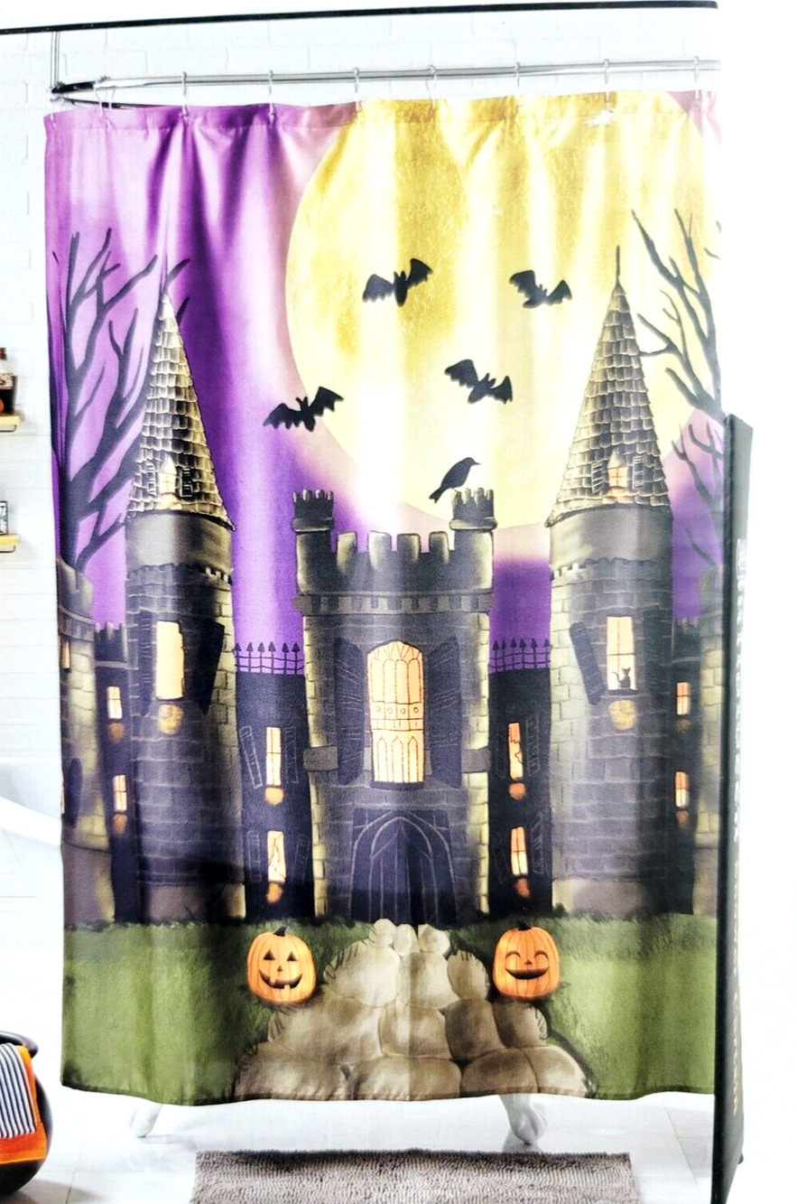New Halloween Haunted Castle Fabric Shower Curtain 70" x 72" Bats Pumpkins Moon